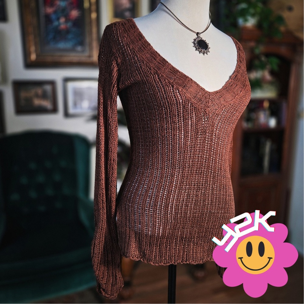 Gabriel S. Brown Open Knit V-Neck Sweater Top Vintage Y2K Long Sleeve Small